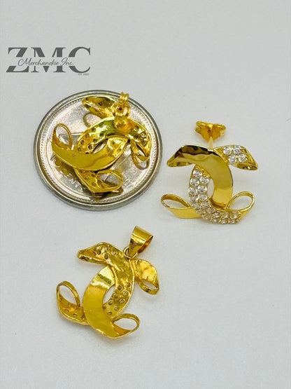 18K Gold C Earrings and Pendant with Stone Set