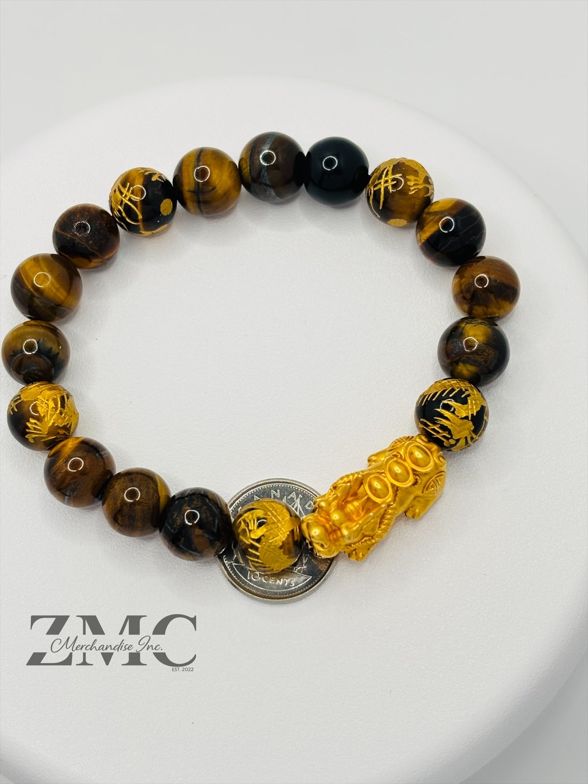 18K Gold Lucky Piyao/ Pi Xiu  Bracelet Tiger Eye Dragon Stone( Hollow Empty Inside) Extra Large Matte