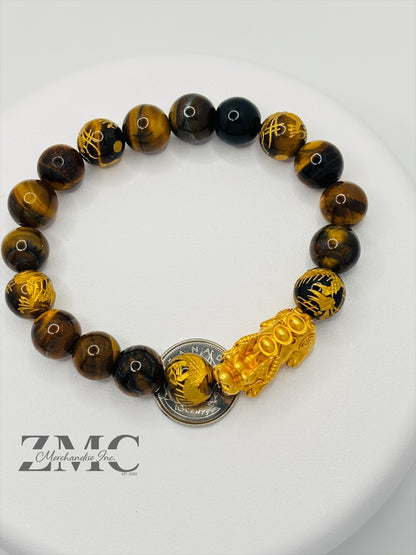 18K Gold Lucky Piyao/ Pi Xiu  Bracelet Tiger Eye Dragon Stone( Hollow Empty Inside) Extra Large Matte