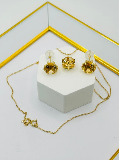 18K Gold Necklace with Natural Citrine Pendant and Earrings Set