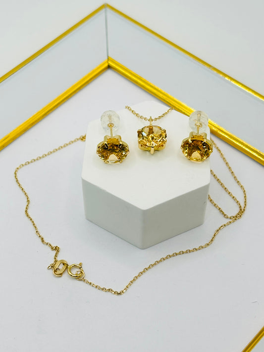 18K Gold Necklace with Natural Citrine Pendant and Earrings Set