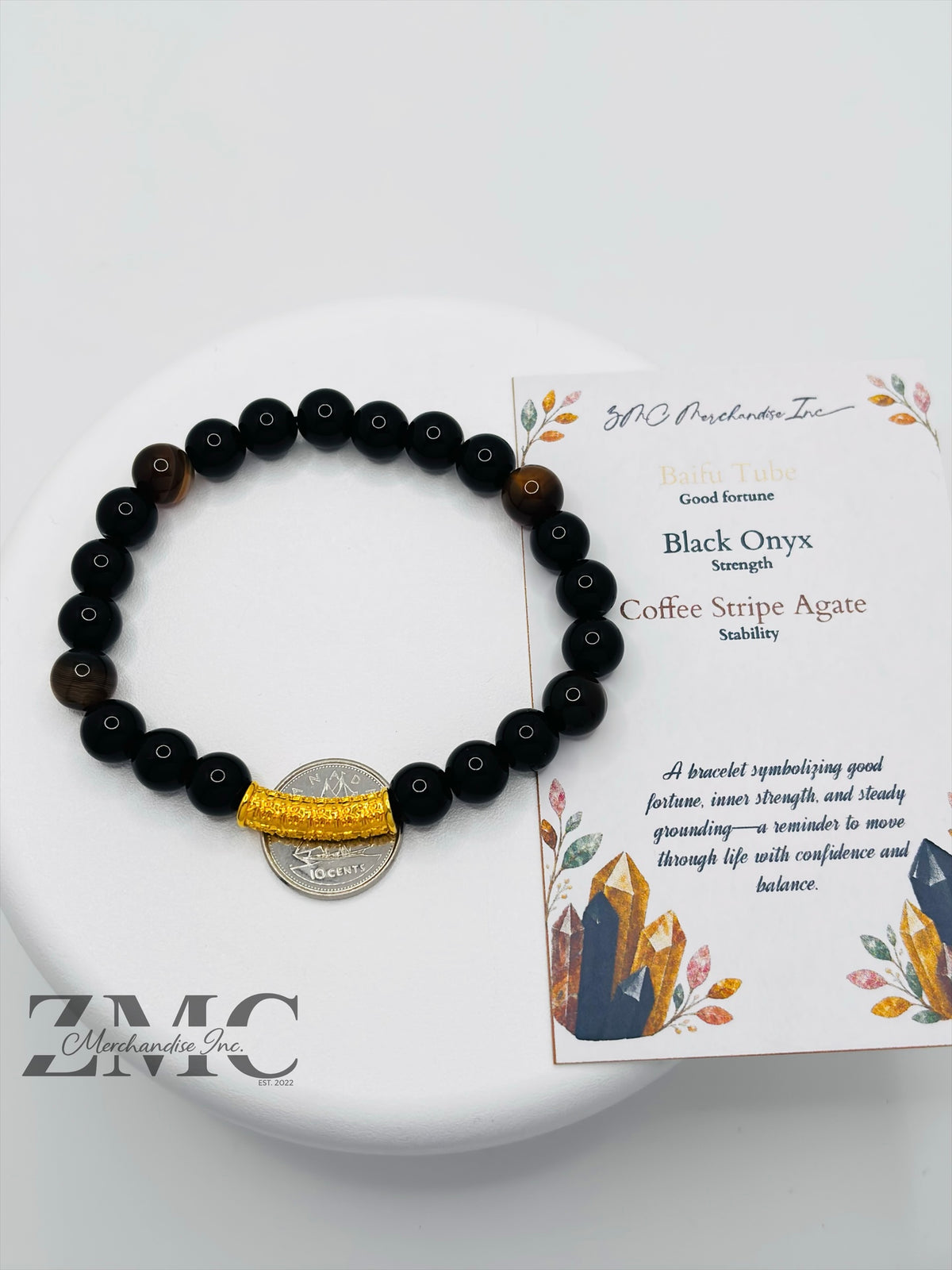 18K Gold  Lucky Baifu Tube Onyx, Agate Stone  ( Hollow Empty Inside)
