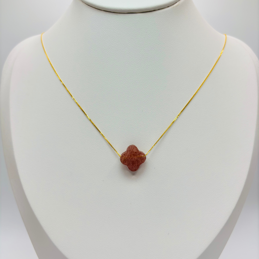 18K Gold Attached Necklace with a Pink Clover Stone