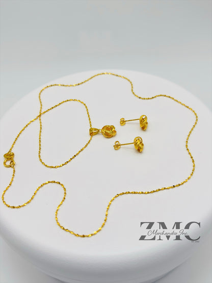 18K Gold Knot Earrings and Necklace Set