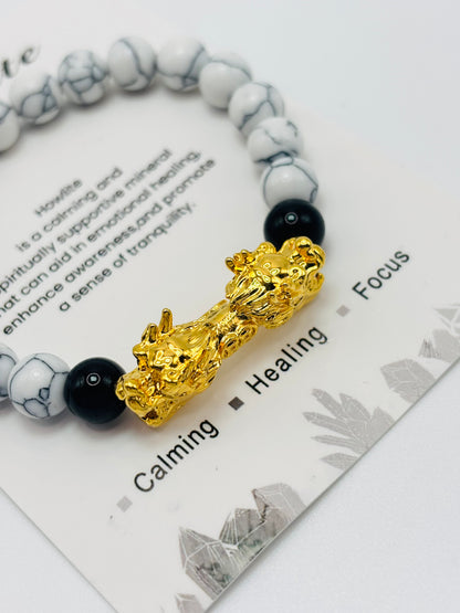 18K Gold Lucky Dragon Bracelet Howlite, Black Obsidian Stone ( Hollow Empty Inside) XXL