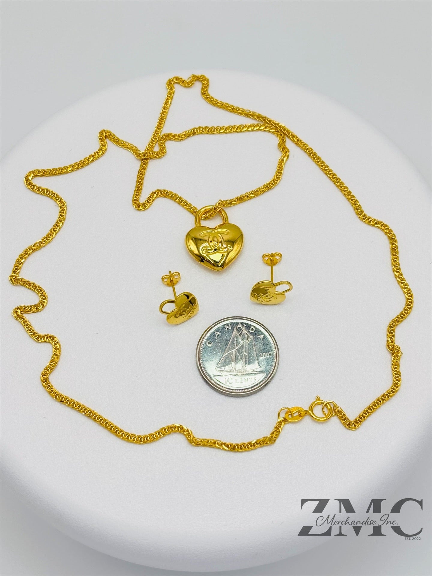 18K Gold C Heart Earrings and Necklace Set