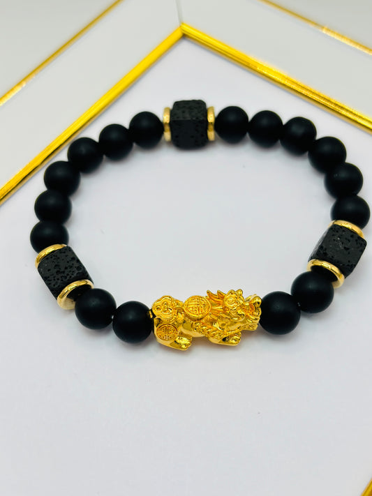 18K Gold  Lucky Piyao/ Pi Xiu Square Lava and Black Agate Stone ( Hollow Empty Inside) Extra Large Size