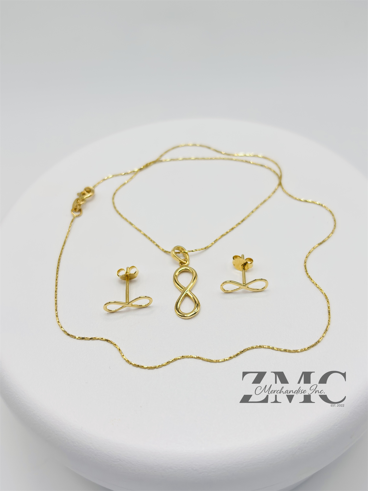 18K Gold Infinity Earrings and Necklace Set