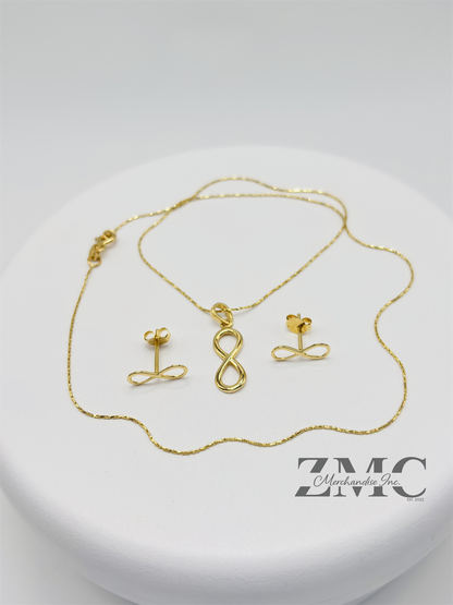18K Gold Infinity Earrings and Necklace Set