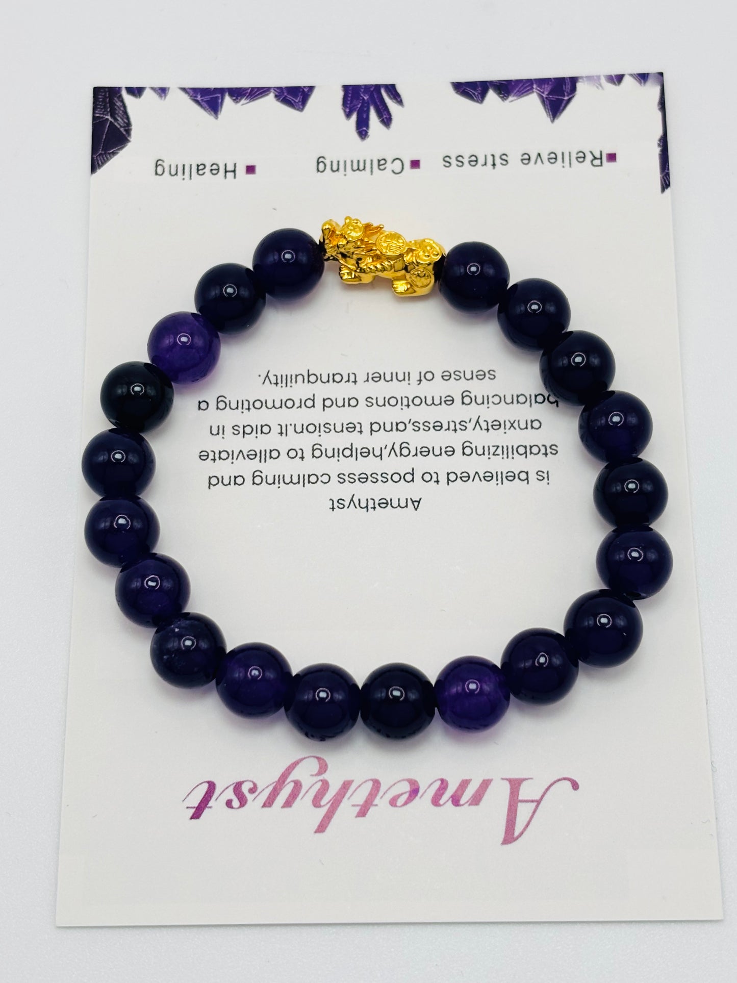 18K Gold Lucky Piyao/ Pi Xiu Black Amethyst Stone ( Hollow Empty Inside) Medium Size