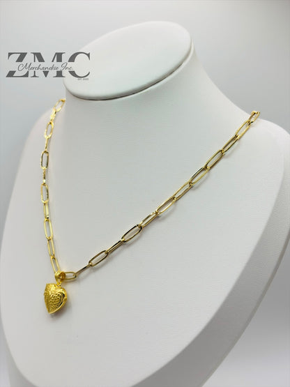 18K Gold Paperclip Heart Locket Necklace
