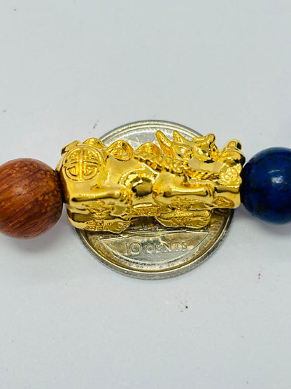 18K Gold  Lucky Piyao/ Pi Xiu Tiger Eye, Lapis Lazuli, Black Obsidian, Woods  ( Hollow Empty Inside) Large Size