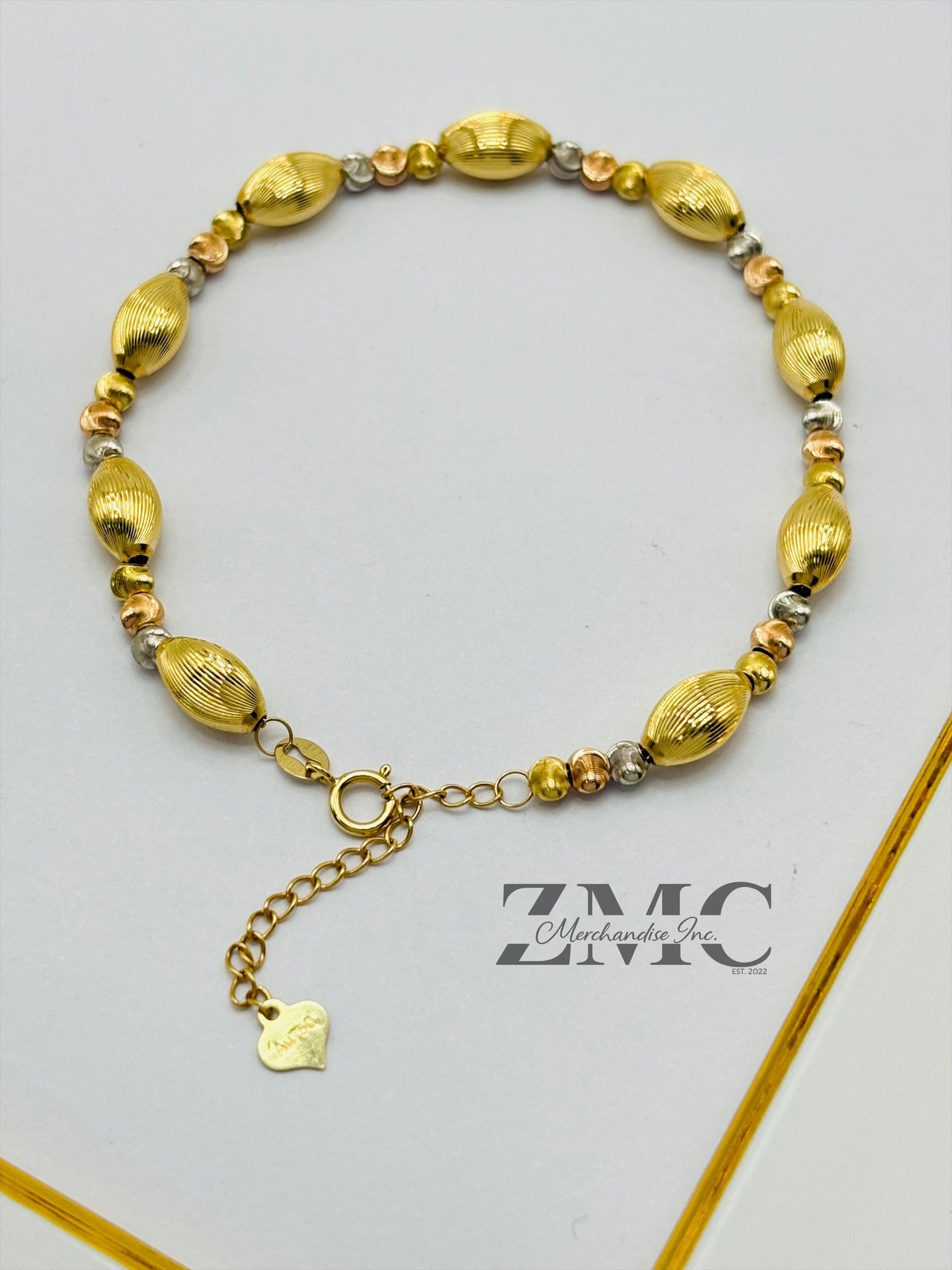 18K Gold Tri-Color Cats Eye Ball and Oval Bracelet