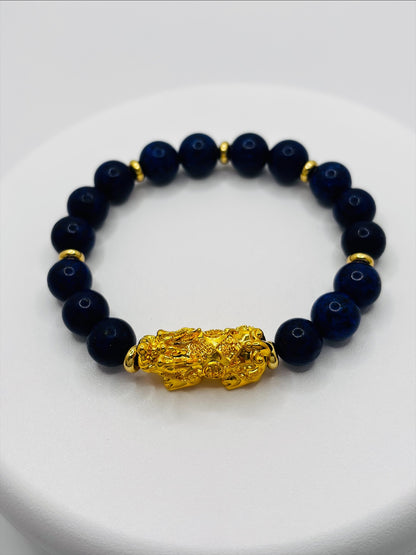 18K Gold Lucky Piyao/ Pi Xiu Lapis Lazuli Bracelet( Hollow Empty Inside) Extra Large