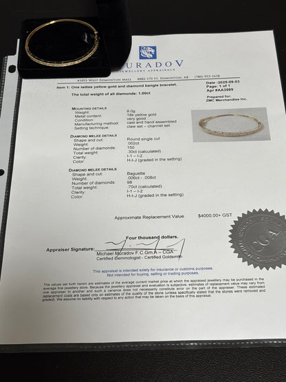 18K Gold Baguette Bangle  Natural Diamond 1.00 carat