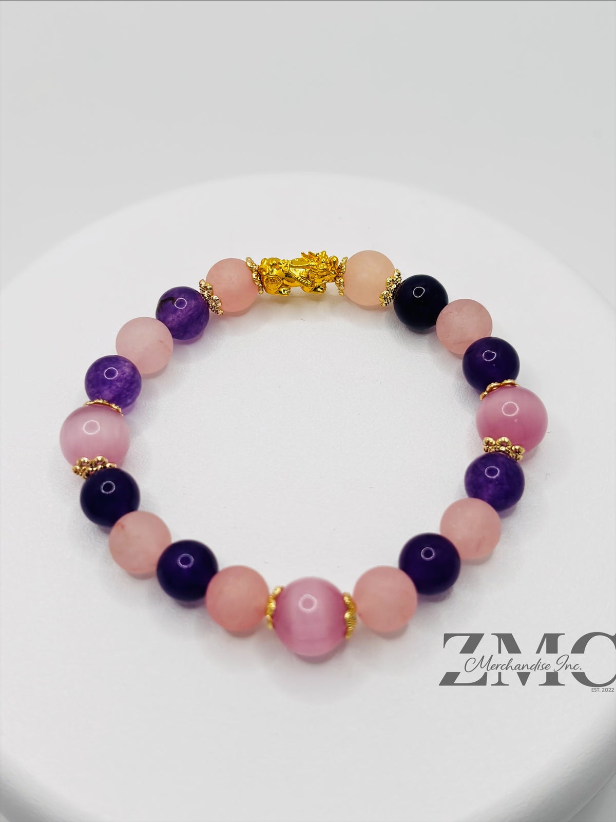 18K Gold Lucky Piyao/ Pi Xiu Rose Quartz, Amethyst Bracelet ( Hollow Empty Inside) Small