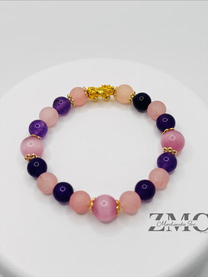 18K Gold Lucky Piyao/ Pi Xiu Rose Quartz, Amethyst Bracelet ( Hollow Empty Inside) Small