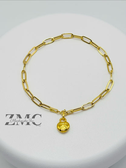 18K Gold Paperclip with Heart Charm Bracelet