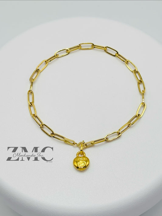 18K Gold Paperclip with Heart Charm Bracelet