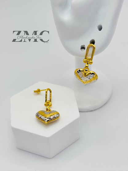 18K Gold Heart Dangling Two-tone Earrings