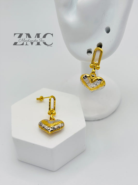 18K Gold Heart Dangling Two-tone Earrings