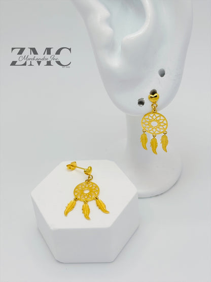 18K Gold dream Catcher Earrings and Pendant Set