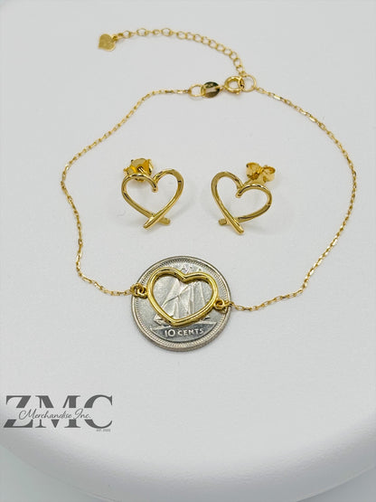 18K Gold Open Heart Earrings and Bracelet Set