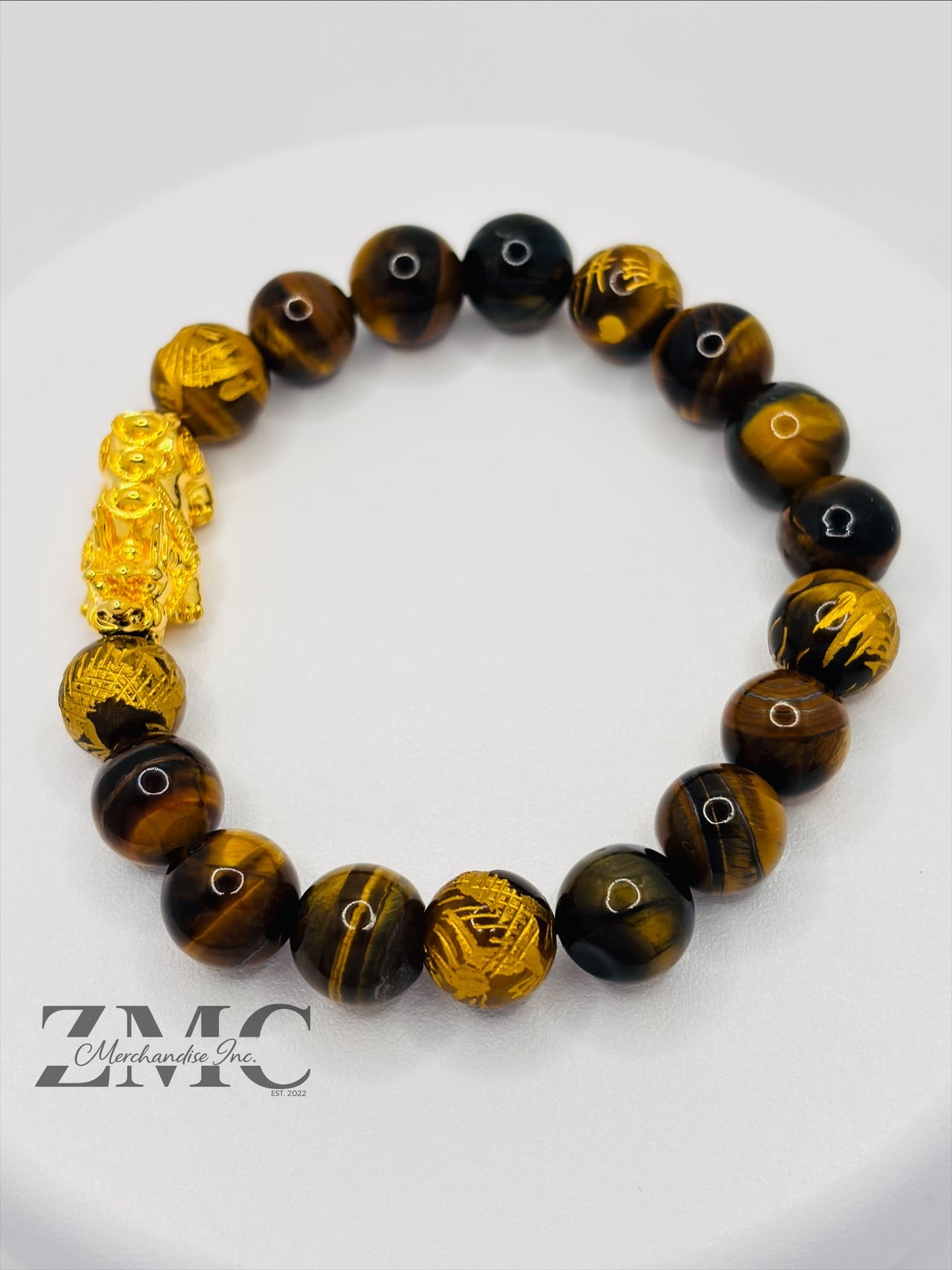 18K Gold Lucky Piyao/ Pi Xiu  Bracelet Tiger Eye Dragon Stone( Hollow Empty Inside) Extra Large Glossy