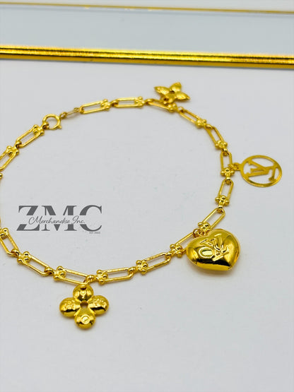 18K Gold Flat Hardware Heart, Flower Charm Bracelet