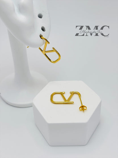 18K Gold V Stud Loop Earrings