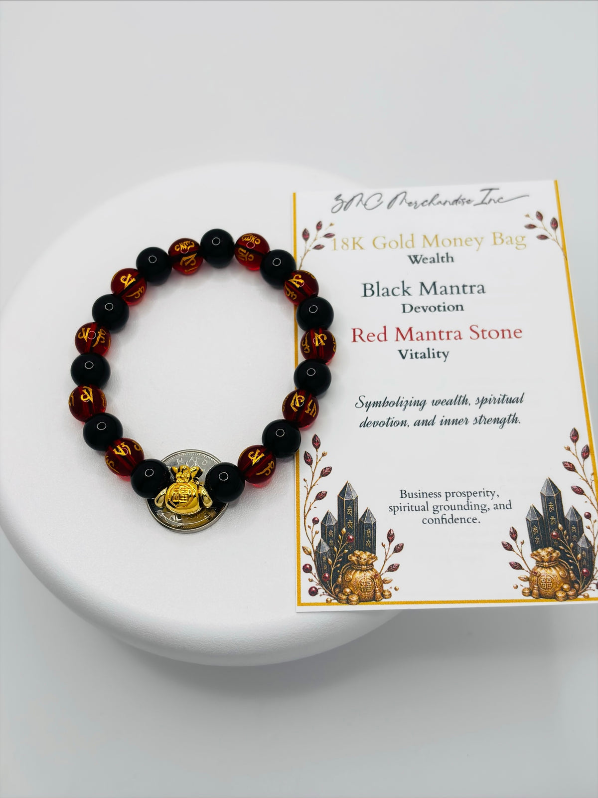18K Gold  Lucky Money Bag Black/Red Mantra Bracelet  ( Hollow Empty Inside)