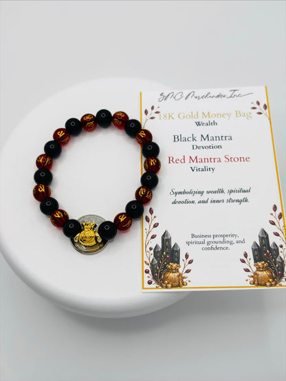 18K Gold  Lucky Money Bag Black/Red Mantra Bracelet  ( Hollow Empty Inside)