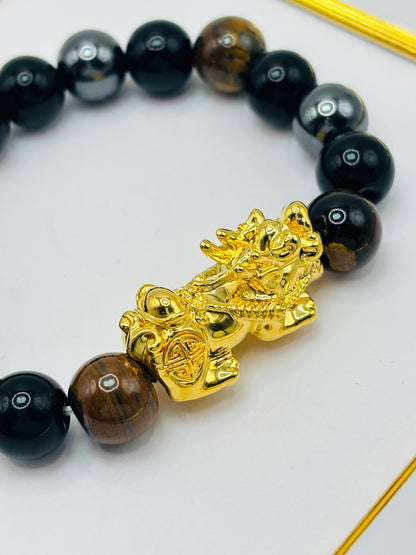 18K Gold  Lucky Piyao/ Pi Xiu Bracelet Tiger Eye ( Hollow Empty Inside) XXL