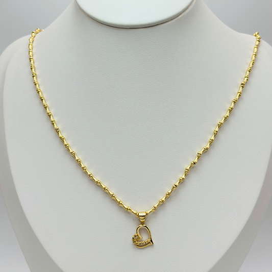 18K Gold Bamboo with Heart Pendant Necklace Set