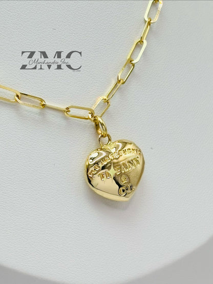 18K Gold Paperclip with Heart and Ball Charm Necklace