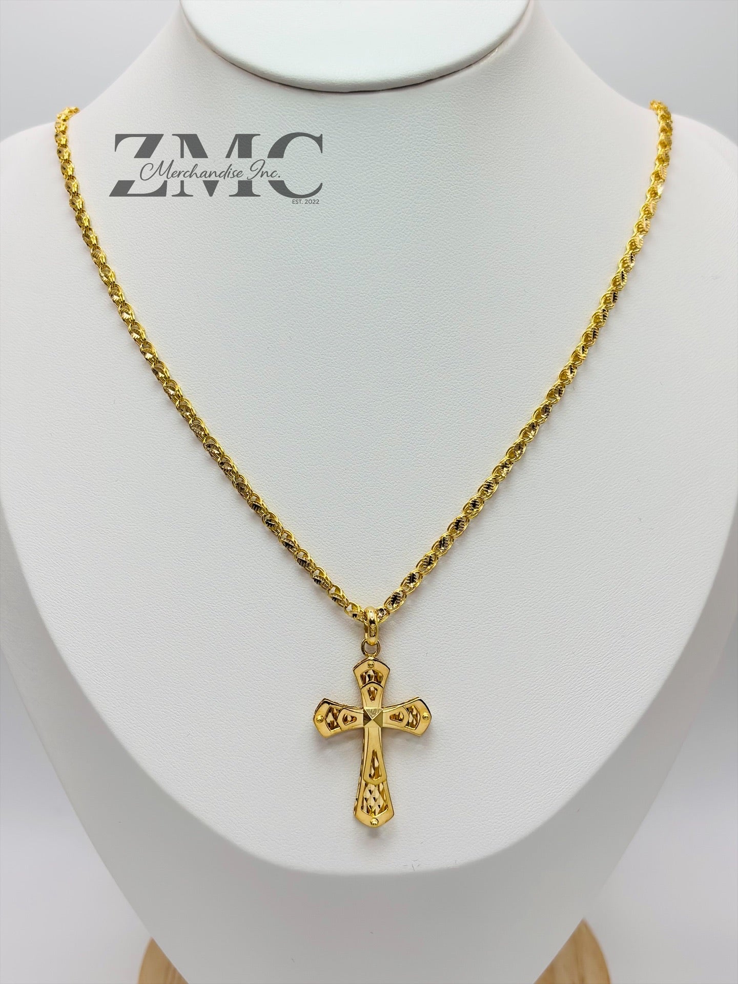 18K Gold Slim Damascus Cross Necklace