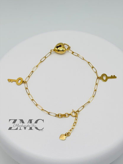 18K Gold Heart and Key Bracelet