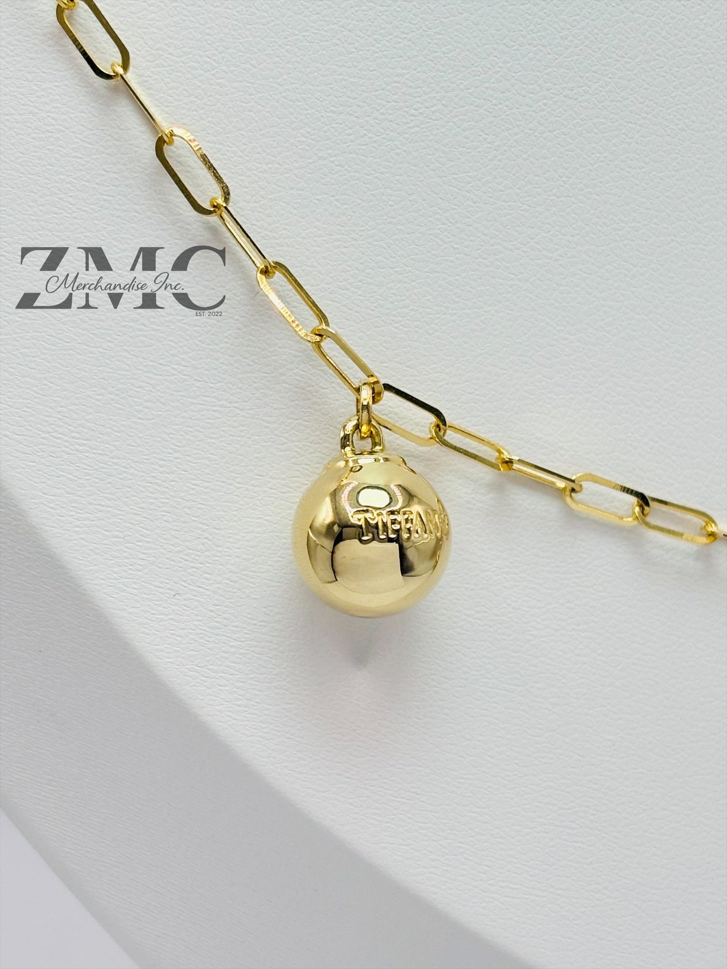 18K Gold Paperclip with Heart and Ball Charm Necklace