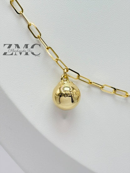 18K Gold Paperclip with Heart and Ball Charm Necklace