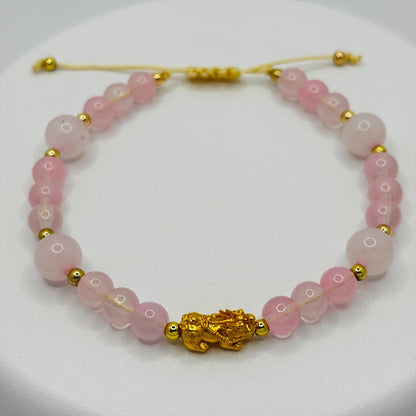 18K Gold Lucky Piyao/ Pi Xiu Rose Quartz String Bracelet ( Hollow Empty Inside) Small