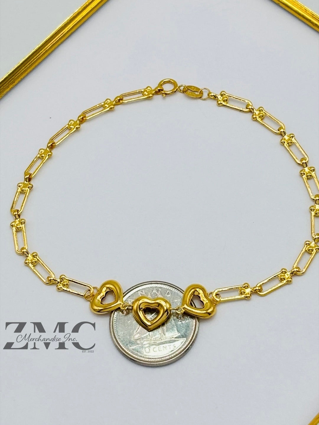 18K Gold 3 Hearts Flat Hardware Bracelet