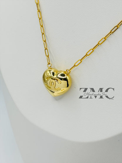 18K Gold Paperclip C Heart Earrings and Necklace Set