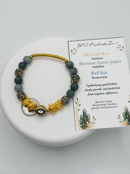 18K Gold Lucky Double Koi Fish Burmese Green Jasper Bracelet  ( Hollow Empty Inside)