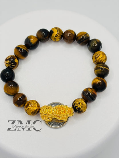 18K Gold Lucky Piyao/ Pi Xiu  Bracelet Tiger Eye Dragon Stone( Hollow Empty Inside) Extra Large Glossy
