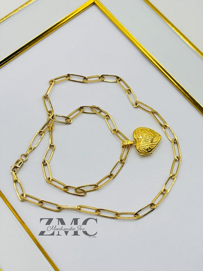 18K Gold Paperclip Heart Locket Necklace