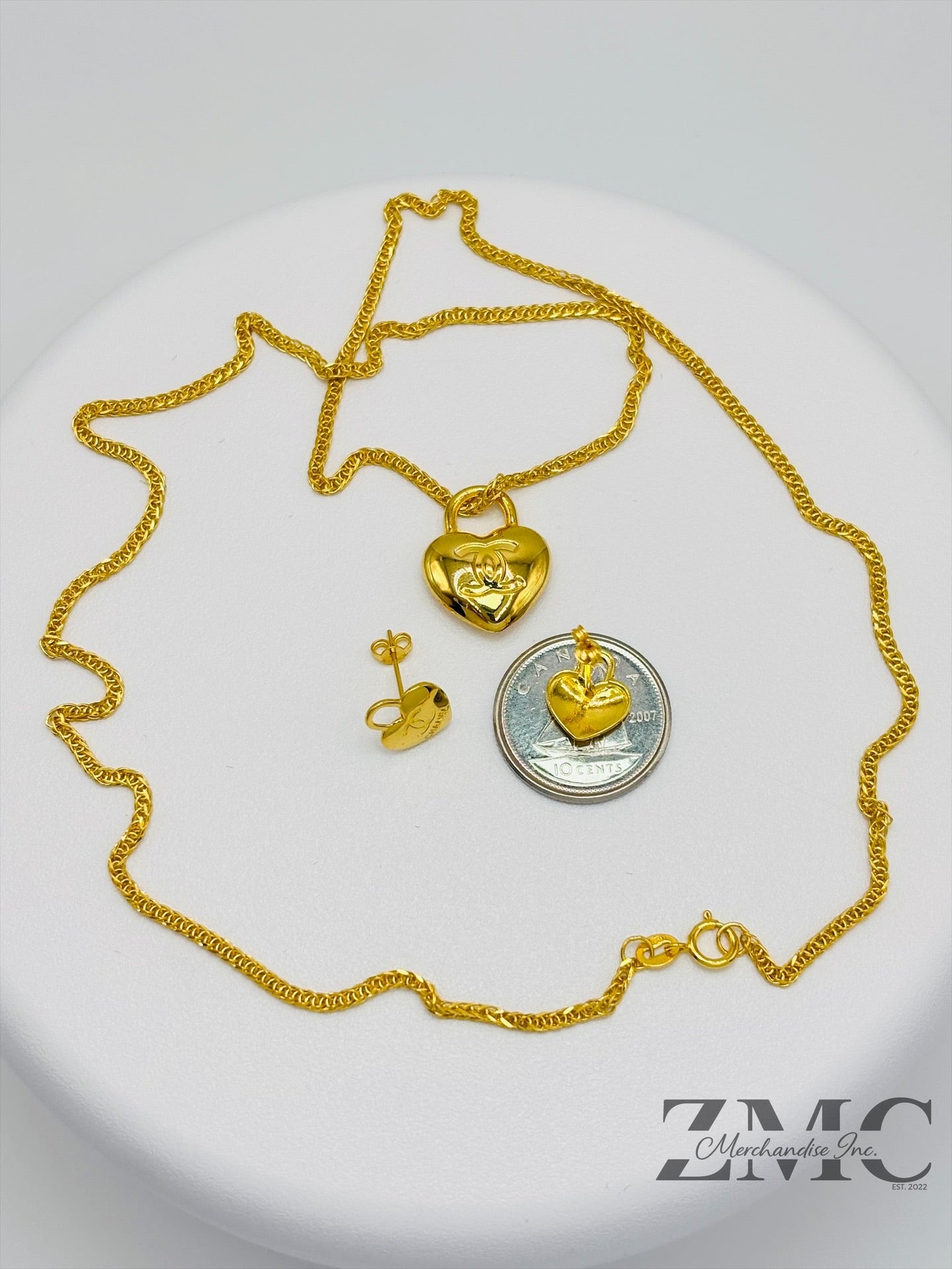 18K Gold C Heart Earrings and Necklace Set