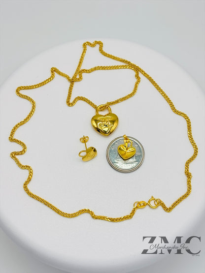 18K Gold C Heart Earrings and Necklace Set