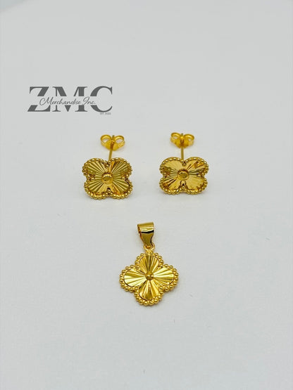 18K Gold Clover Earrings and Pendant Set 10 mm
