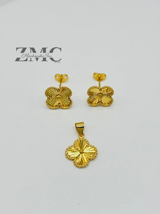 18K Gold Clover Earrings and Pendant Set 10 mm