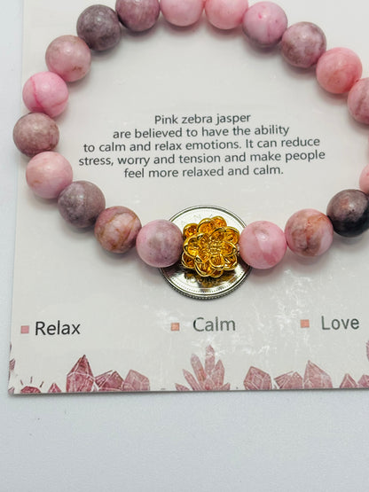 18K Gold Lucky Lotus Flower Bracelet Pink Zebra Jasper Stone ( Hollow Empty Inside)